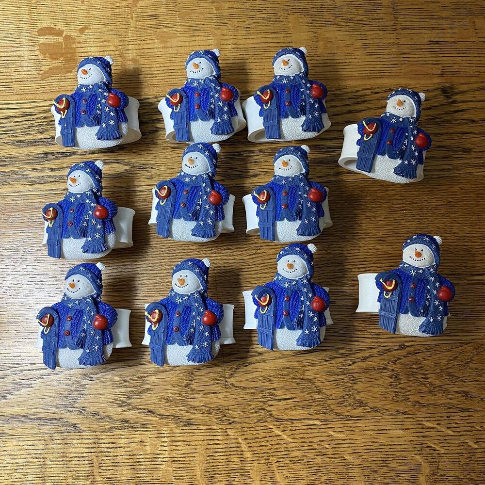 Lot of 11 Snowman Holiday Christmas Napkin Rings Blue/White Polymer?/Plasitc